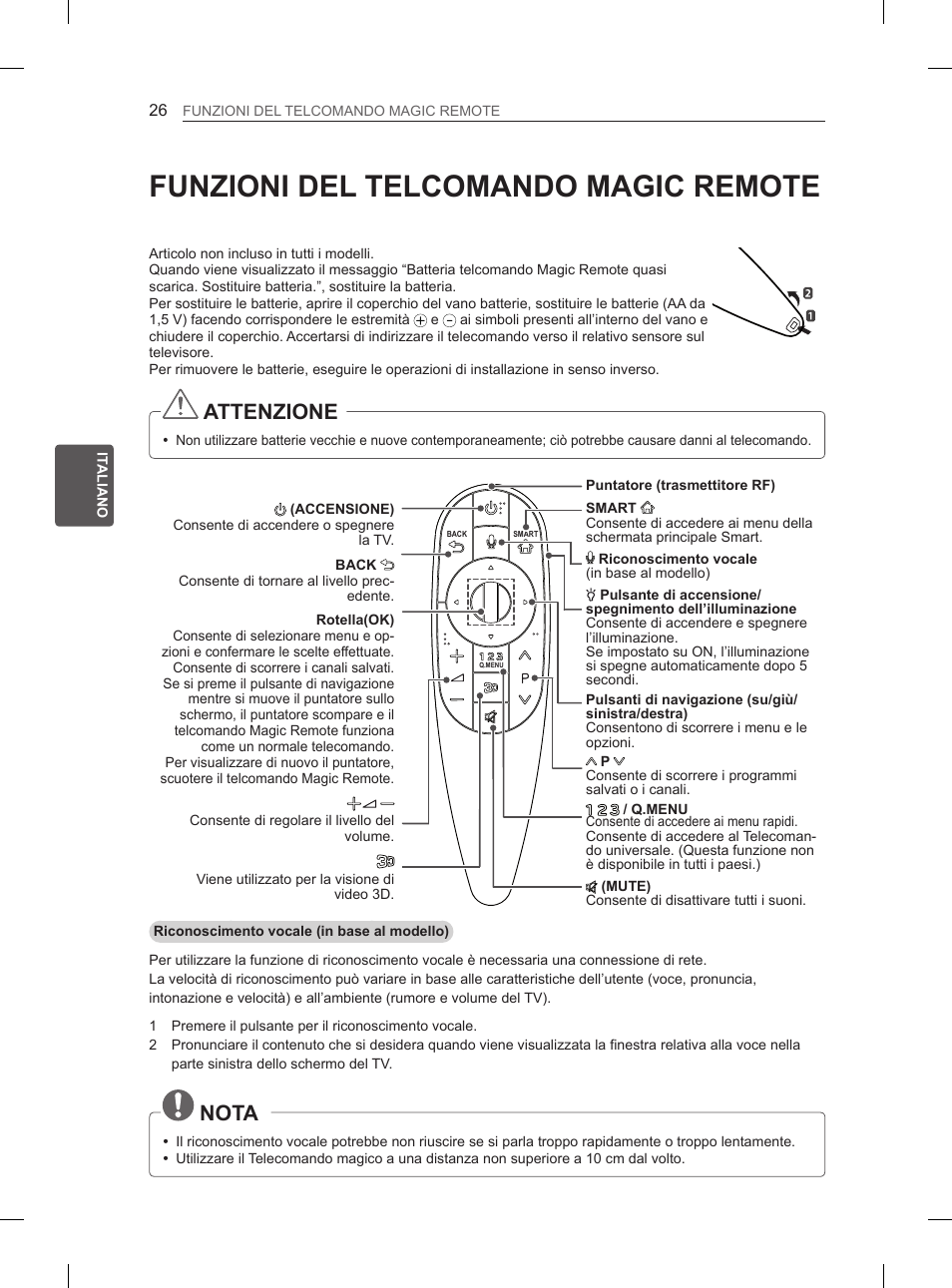 Funzioni del telcomando magic remote, Attenzione, Nota | LG 55EA980V User Manual | Page 155 / 319