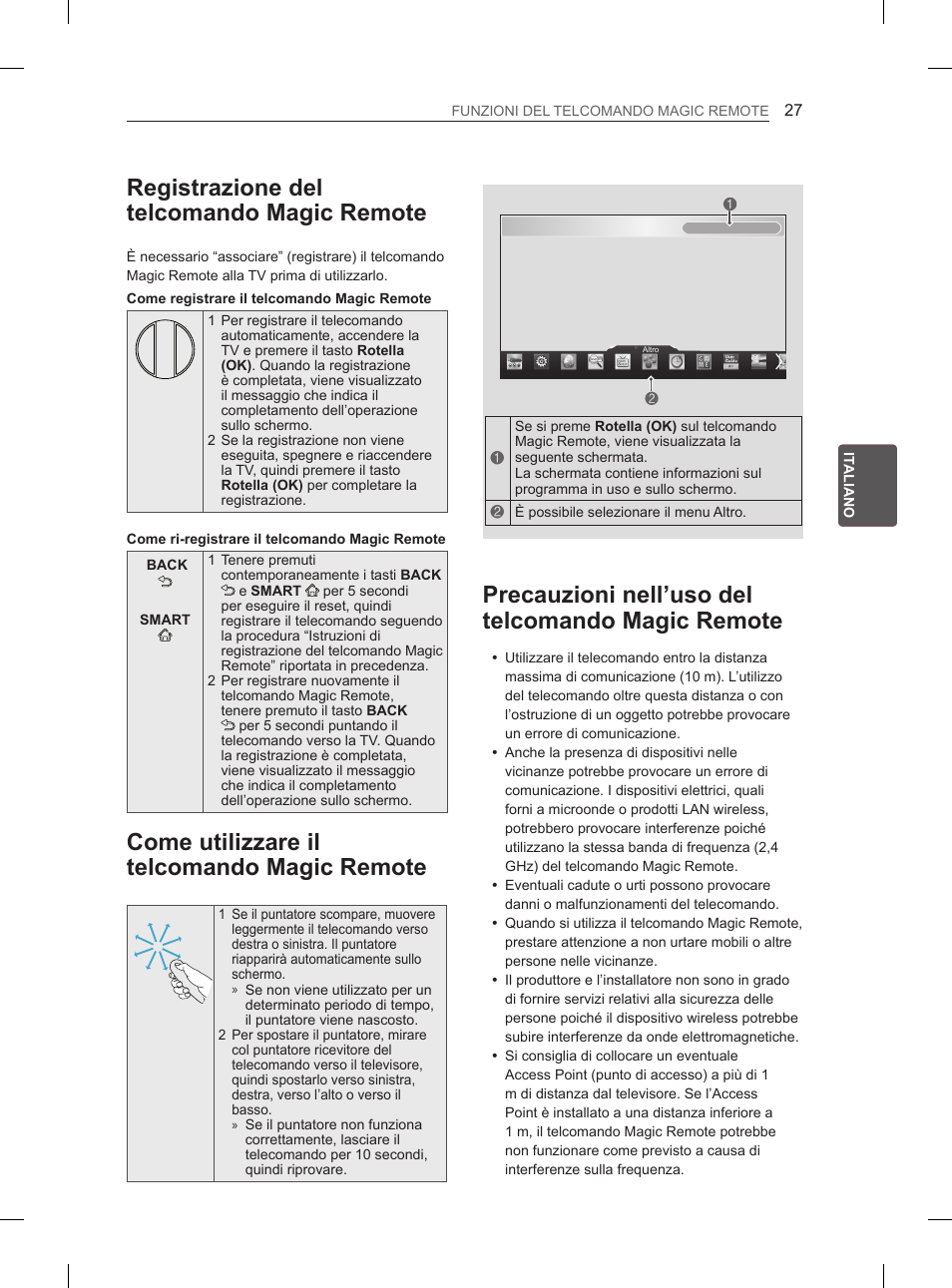 Registrazione del telcomando magic remote, Come utilizzare il telcomando magic remote, Precauzioni nell’uso del telcomando magic remote | LG 55EA980V User Manual | Page 156 / 319