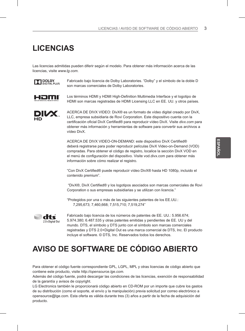 Licencias, Aviso de software de código abierto | LG 55EA980V User Manual | Page 166 / 319