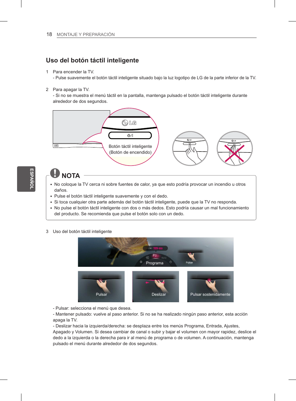 Nota, Uso del botón táctil inteligente | LG 55EA980V User Manual | Page 181 / 319