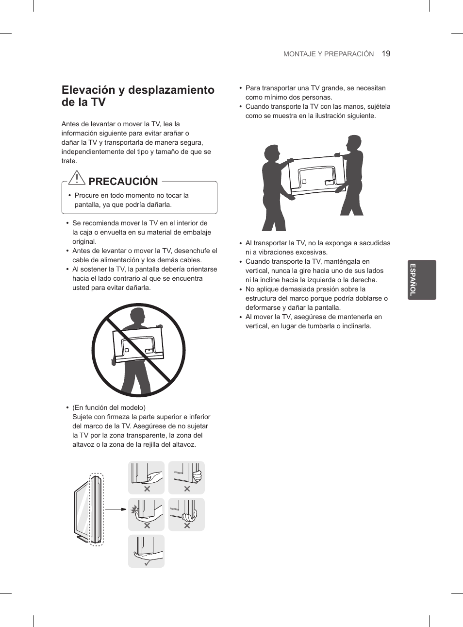 Elevación y desplazamiento de la tv, Precaución | LG 55EA980V User Manual | Page 182 / 319