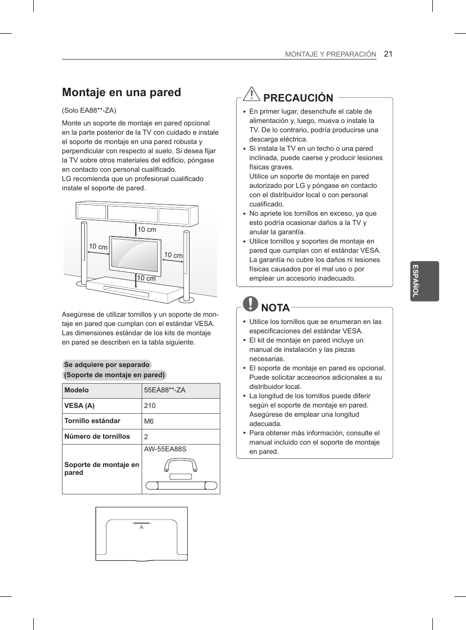 Montaje en una pared, Precaución, Nota | LG 55EA980V User Manual | Page 184 / 319