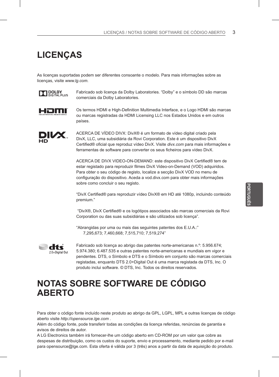 Licenças, Notas sobre software de código aberto | LG 55EA980V User Manual | Page 196 / 319