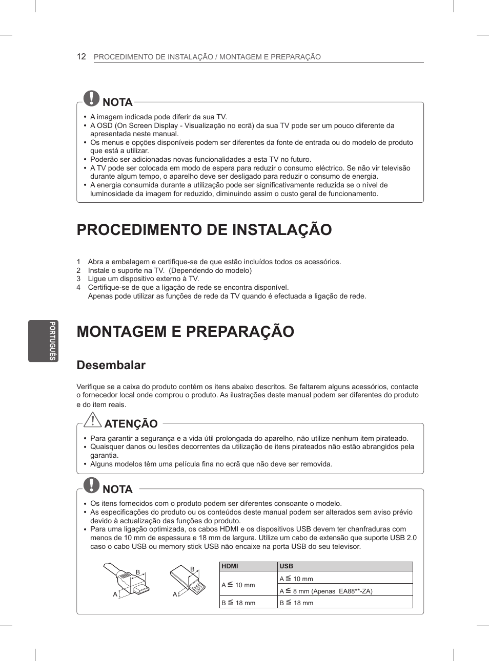 Procedimento de instalação, Montagem e preparação, Desembalar | Nota, Atenção | LG 55EA980V User Manual | Page 205 / 319