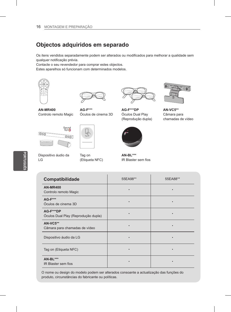 Objectos adquiridos em separado, Compatibilidade | LG 55EA980V User Manual | Page 209 / 319