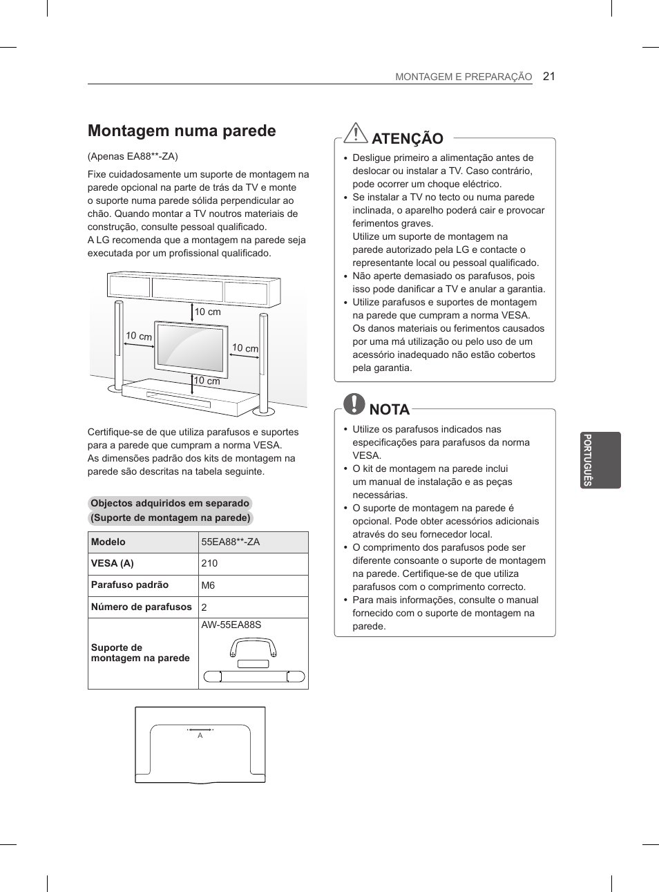 Montagem numa parede, Atenção, Nota | LG 55EA980V User Manual | Page 214 / 319