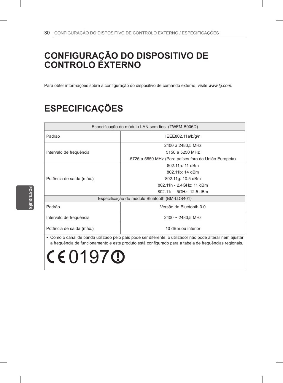 Configuração do dispositivo de controlo externo, Especificações | LG 55EA980V User Manual | Page 223 / 319