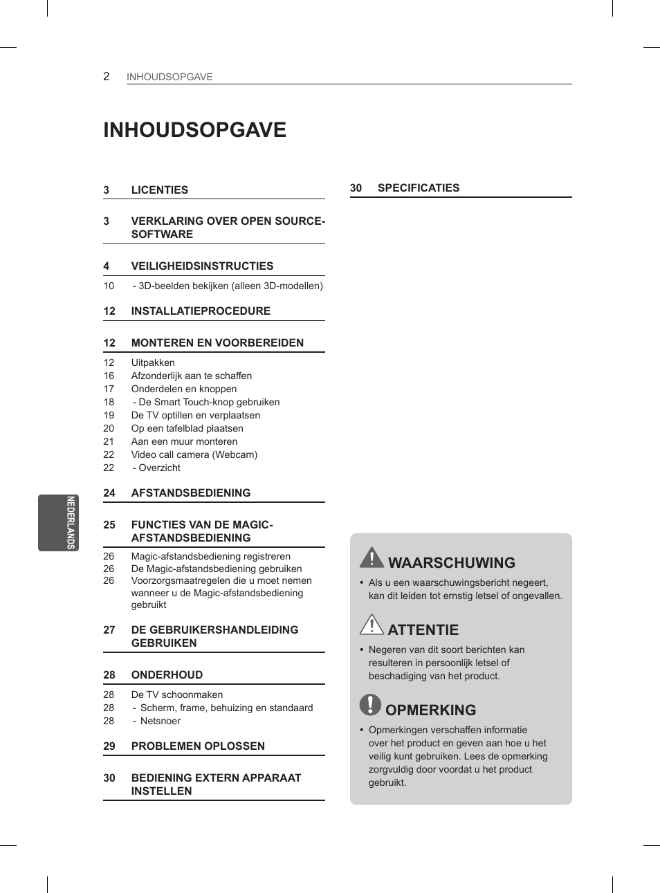 Inhoudsopgave, Waarschuwing, Attentie | Opmerking | LG 55EA980V User Manual | Page 225 / 319