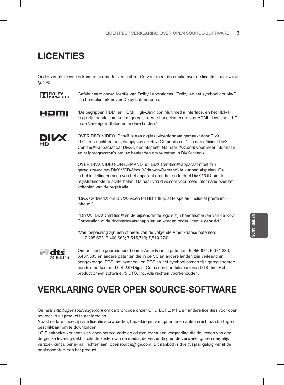 Licenties, Verklaring over open source-software | LG 55EA980V User Manual | Page 226 / 319