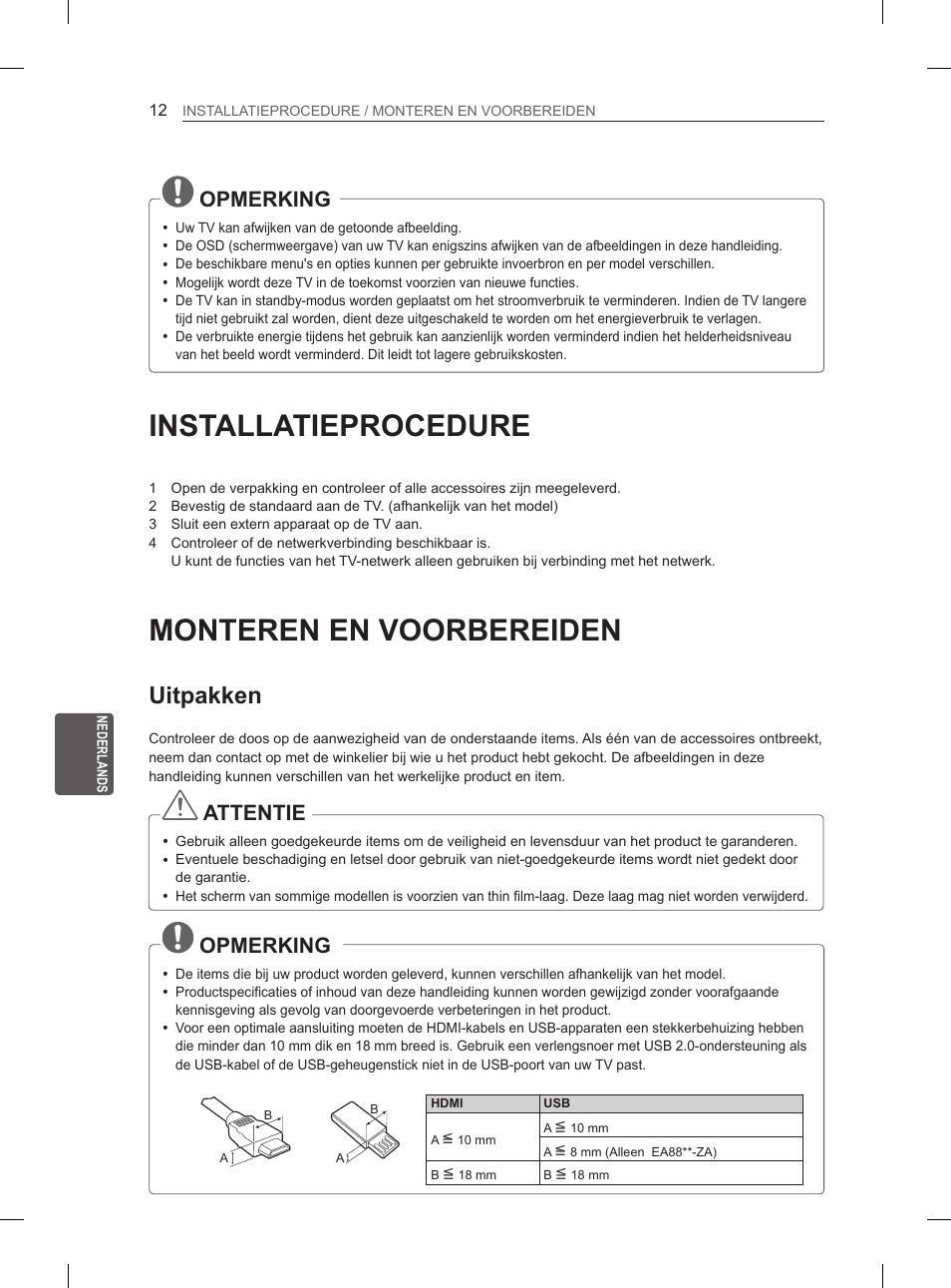 Installatieprocedure, Monteren en voorbereiden, Uitpakken | Opmerking, Attentie | LG 55EA980V User Manual | Page 235 / 319