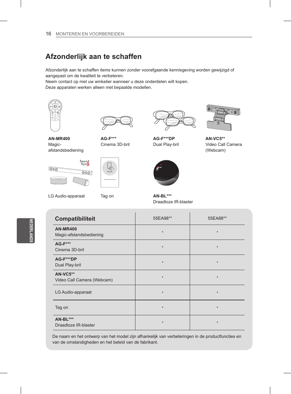 Afzonderlijk aan te schaffen, Compatibiliteit | LG 55EA980V User Manual | Page 239 / 319