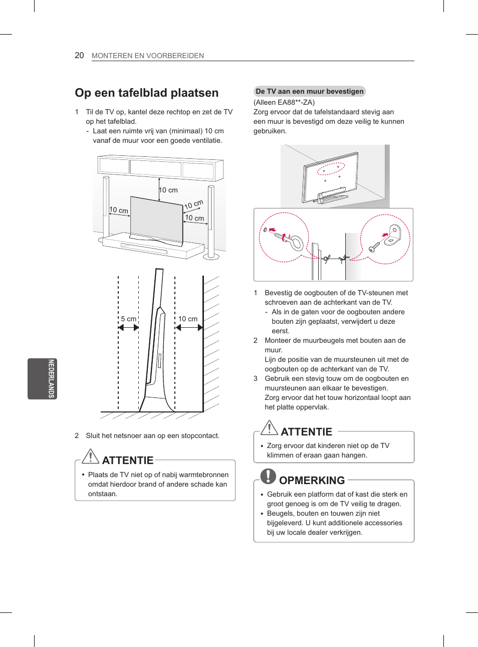 Op een tafelblad plaatsen, Attentie, Opmerking | LG 55EA980V User Manual | Page 243 / 319
