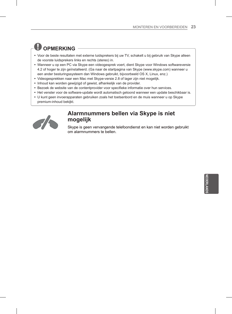 Alarmnummers bellen via skype is niet mogelijk, Opmerking | LG 55EA980V User Manual | Page 246 / 319
