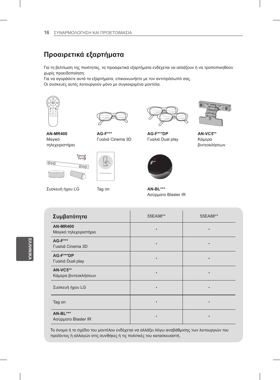 Προαιρετικά εξαρτήματα, Συμβατότητα | LG 55EA980V User Manual | Page 269 / 319