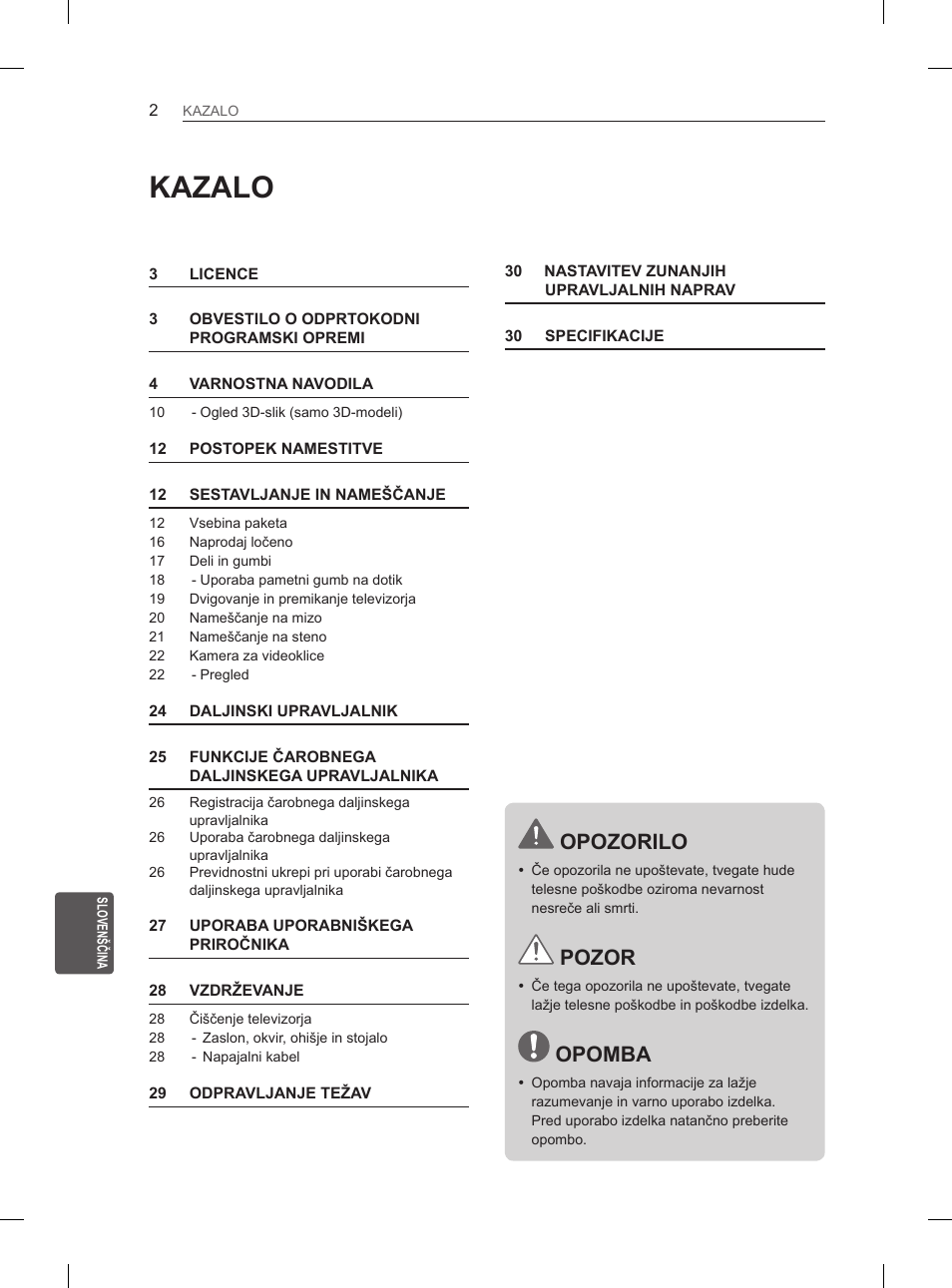 Kazalo, Opozorilo, Pozor | Opomba | LG 55EA980V User Manual | Page 285 / 319