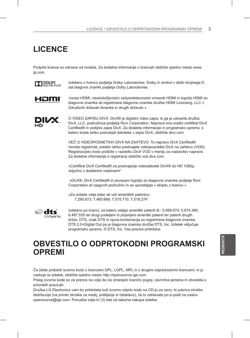 Licence, Obvestilo o odprtokodni programski opremi | LG 55EA980V User Manual | Page 286 / 319