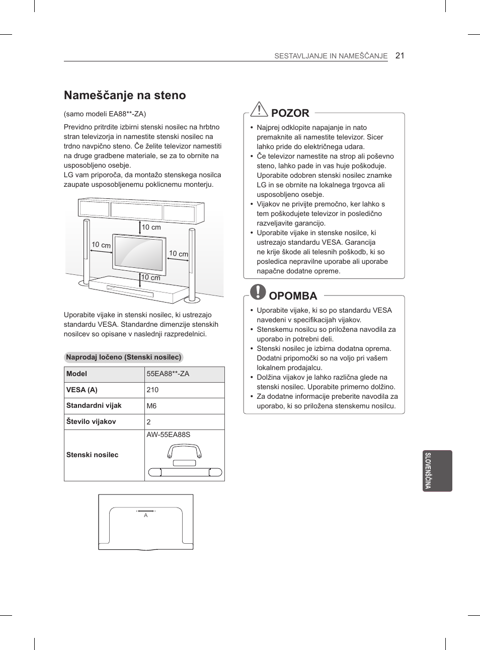 Nameščanje na steno, Pozor, Opomba | LG 55EA980V User Manual | Page 304 / 319