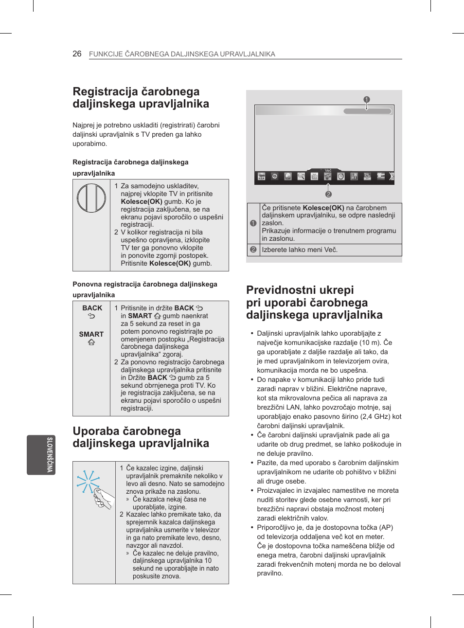 Registracija čarobnega daljinskega upravljalnika, Uporaba čarobnega daljinskega upravljalnika | LG 55EA980V User Manual | Page 309 / 319