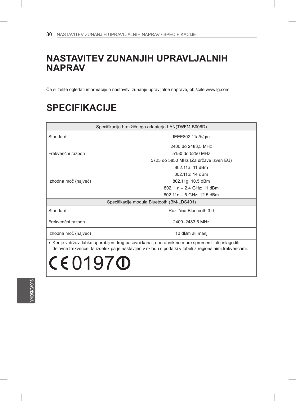 Nastavitev zunanjih upravljalnih naprav, Specifikacije | LG 55EA980V User Manual | Page 313 / 319