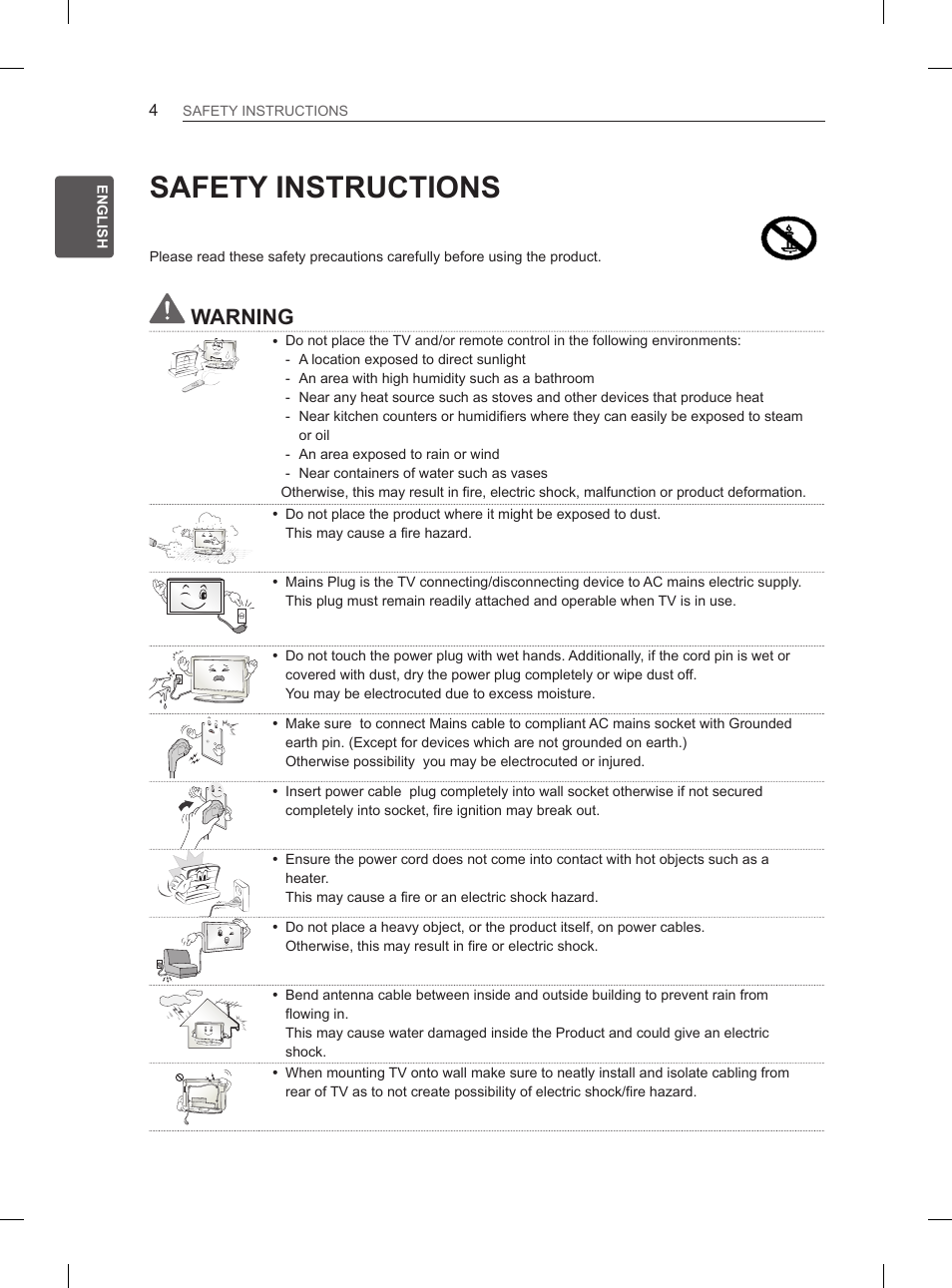 Safety instructions, Warning | LG 55EA980V User Manual | Page 43 / 319