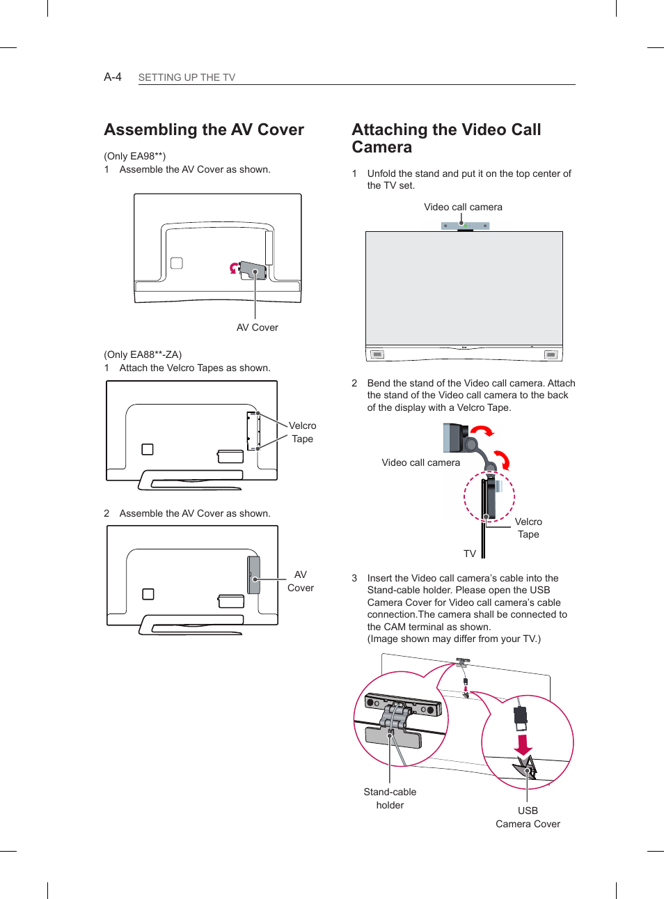 Attaching the video call camera, Assembling the av cover | LG 55EA980V User Manual | Page 7 / 319
