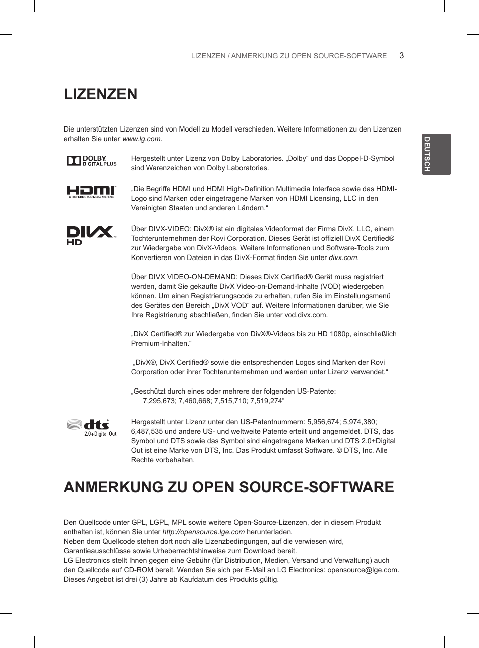 Lizenzen, Anmerkung zu open source-software | LG 55EA980V User Manual | Page 72 / 319