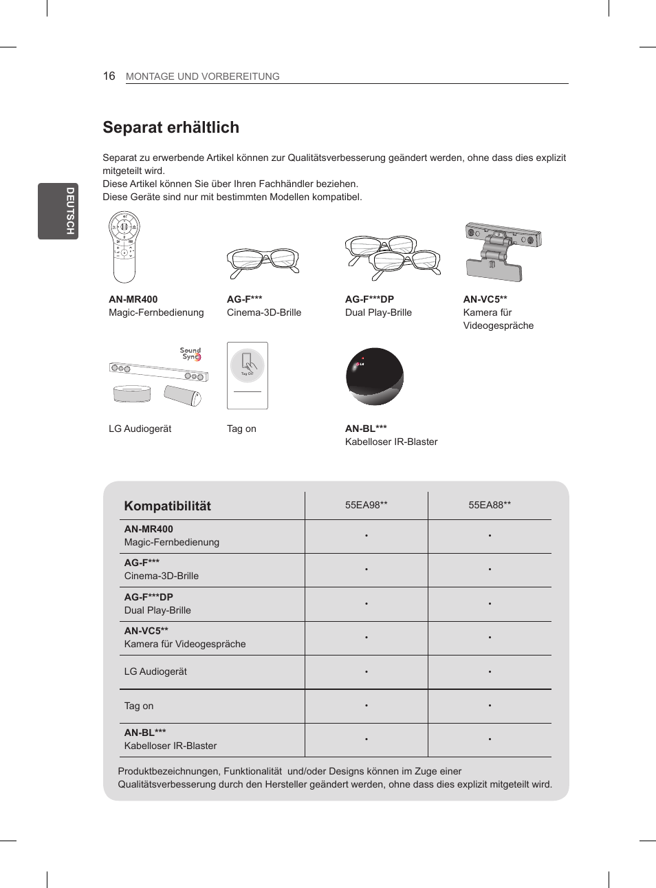 Separat erhältlich, Kompatibilität | LG 55EA980V User Manual | Page 85 / 319