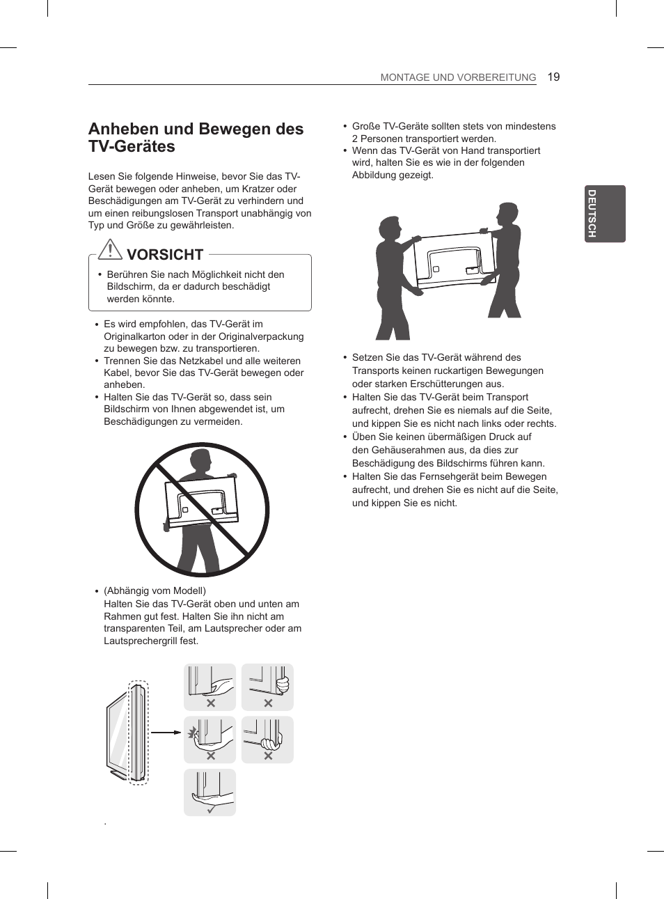 Anheben und bewegen des tv-gerätes, Vorsicht | LG 55EA980V User Manual | Page 88 / 319