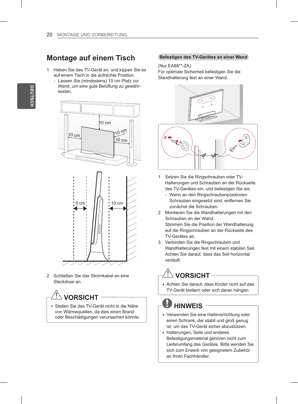 Montage auf einem tisch, Vorsicht, Hinweis | LG 55EA980V User Manual | Page 89 / 319