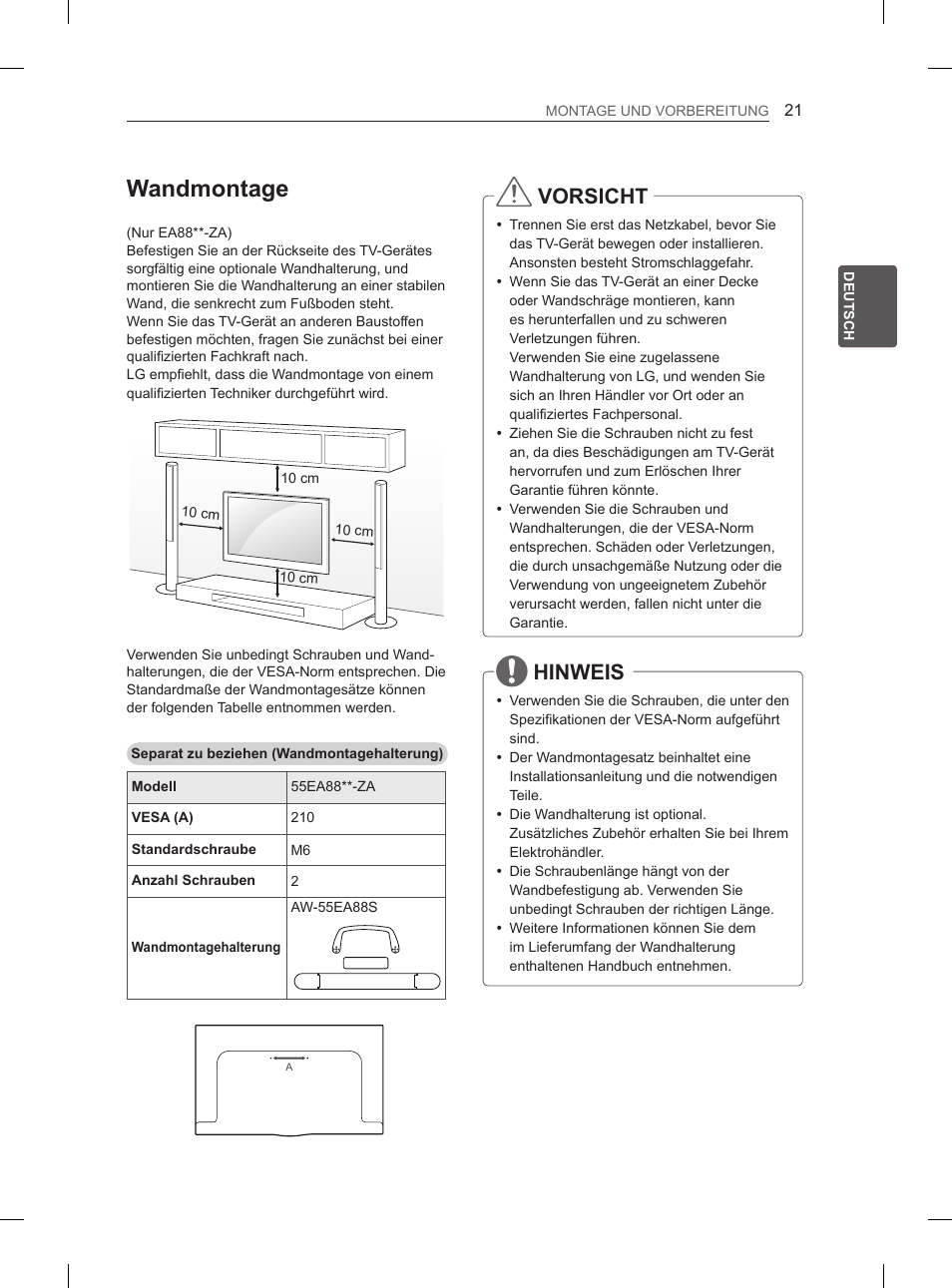 Wandmontage, Vorsicht, Hinweis | LG 55EA980V User Manual | Page 90 / 319