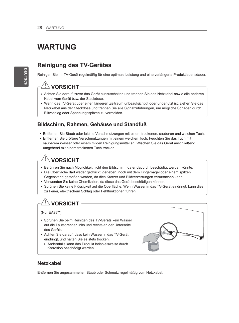 Wartung, Reinigung des tv-gerätes, Vorsicht | Bildschirm, rahmen, gehäuse und standfuß, Netzkabel | LG 55EA980V User Manual | Page 97 / 319