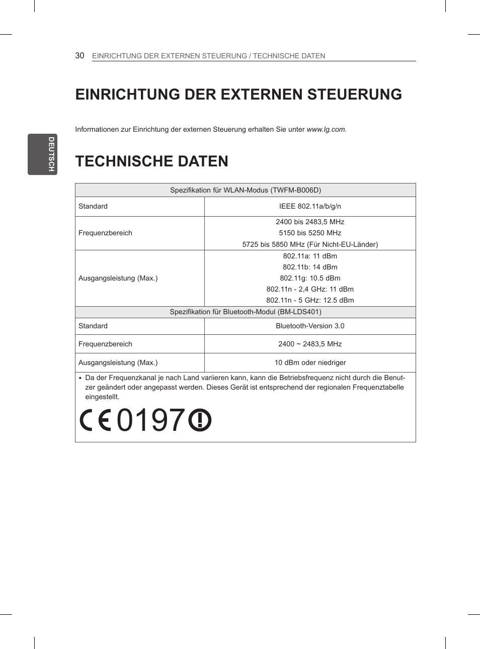 Einrichtung der externen steuerung, Technische daten | LG 55EA980V User Manual | Page 99 / 319