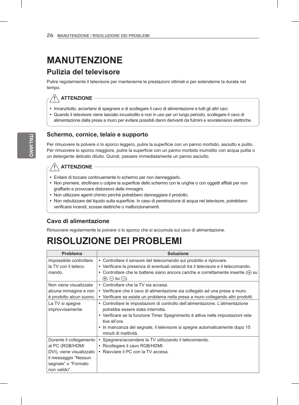 Risoluzione dei problemi, Manutenzione, Pulizia del televisore | LG 47LM860V User Manual | Page 120 / 313