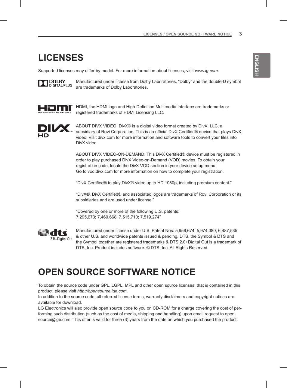 Licenses, Open source software notice | LG 47LM860V User Manual | Page 13 / 313