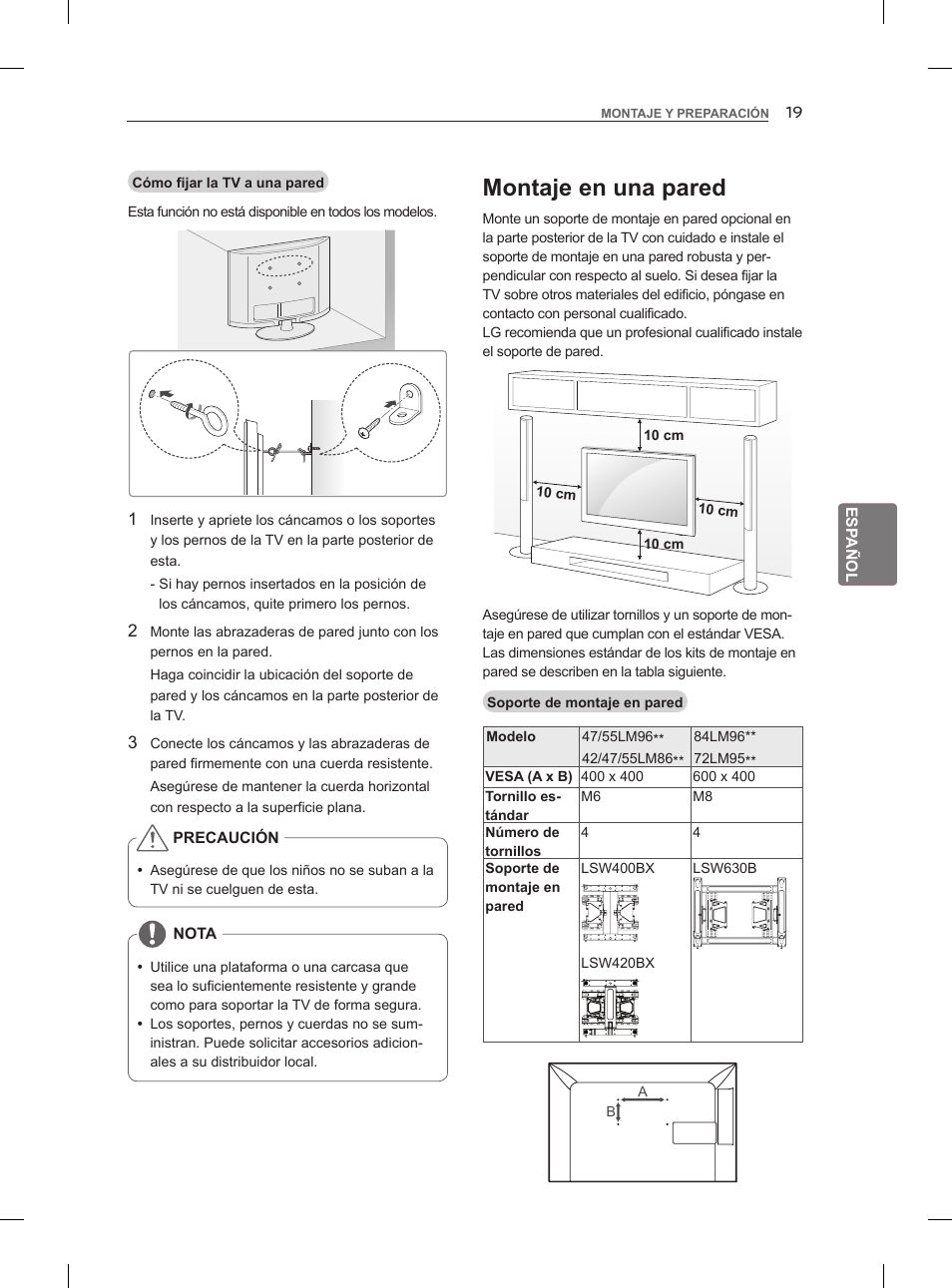 Montaje en una pared | LG 47LM860V User Manual | Page 147 / 313