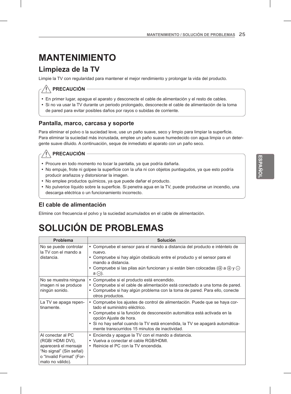 Solución de problemas, Mantenimiento, Limpieza de la tv | LG 47LM860V User Manual | Page 153 / 313