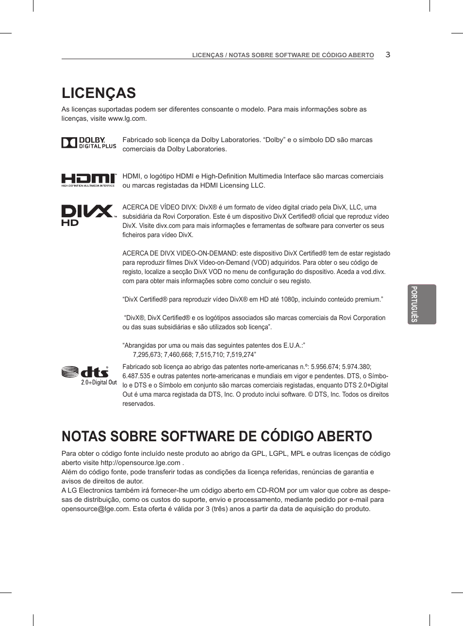 Licenças, Notas sobre software de código aberto | LG 47LM860V User Manual | Page 159 / 313