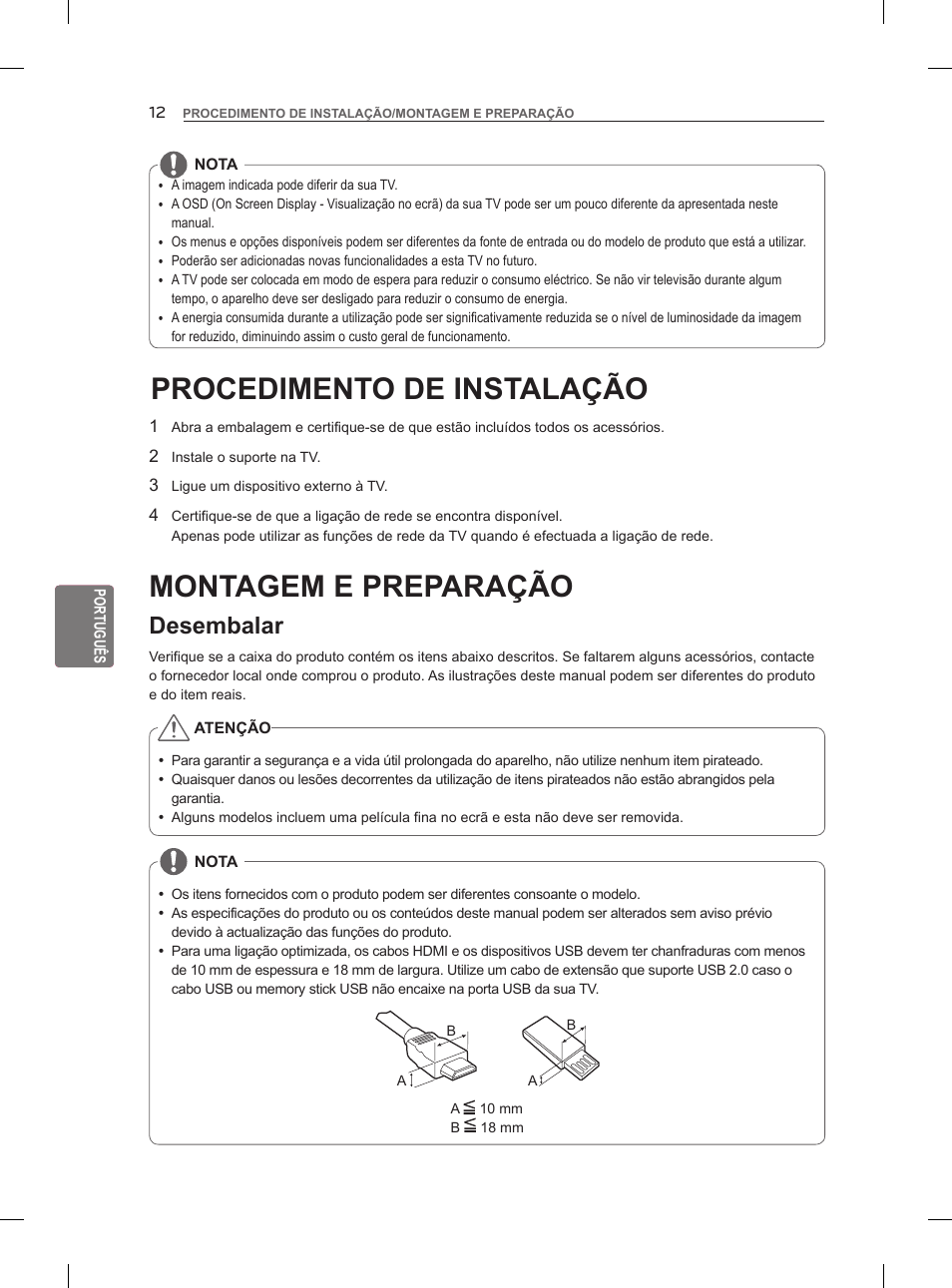 Procedimento de instalação, Montagem e preparação, Desembalar | LG 47LM860V User Manual | Page 168 / 313