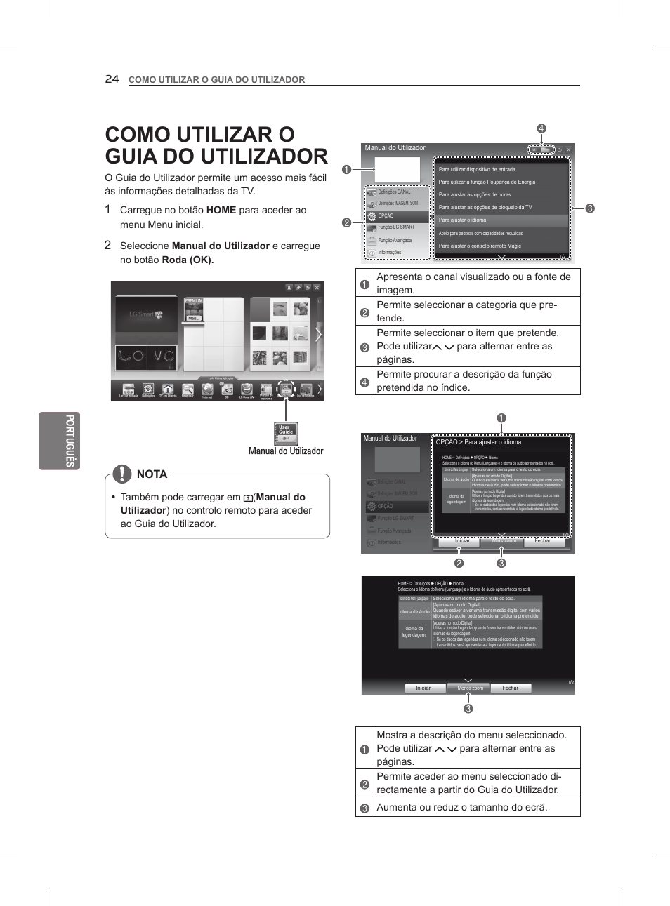 Como utilizar o guia do utilizador, Português, Nota | Manual do utilizador | LG 47LM860V User Manual | Page 180 / 313