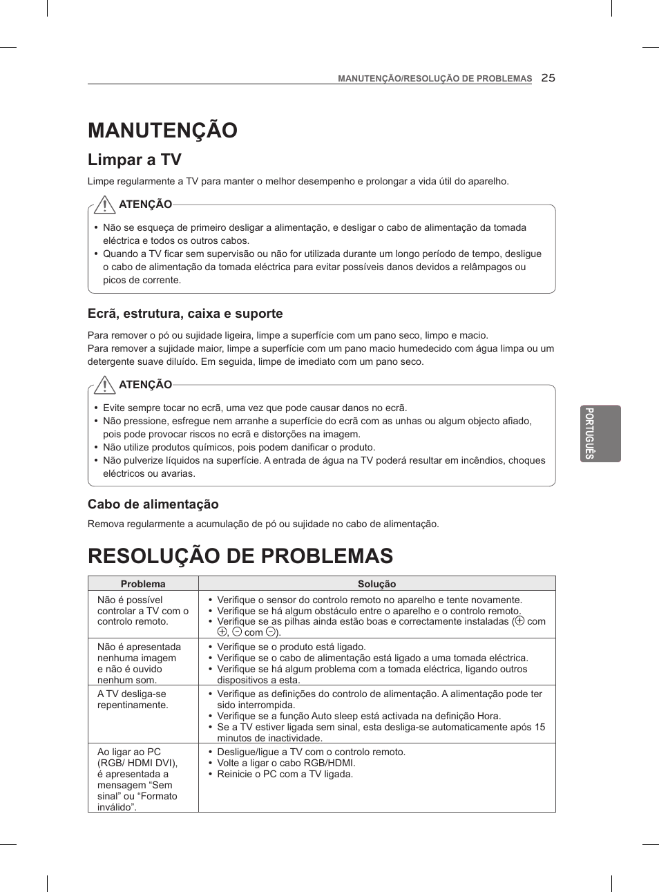 Resolução de problemas, Manutenção, Limpar a tv | LG 47LM860V User Manual | Page 181 / 313