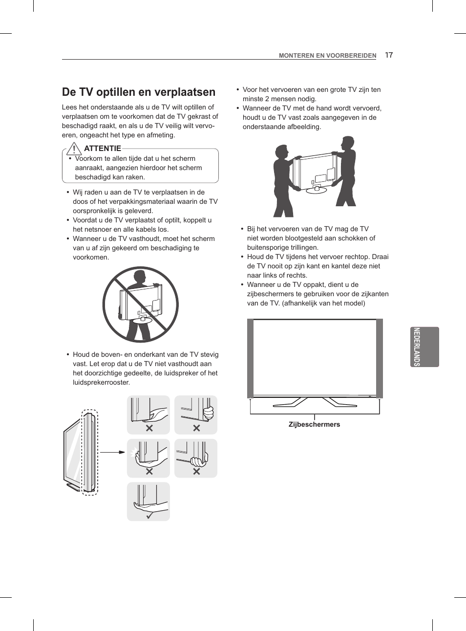 De tv optillen en verplaatsen | LG 47LM860V User Manual | Page 201 / 313