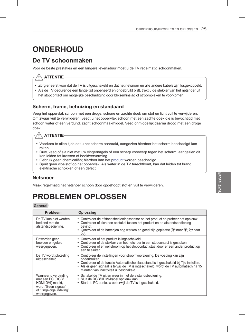 Problemen oplossen, Onderhoud, De tv schoonmaken | LG 47LM860V User Manual | Page 209 / 313