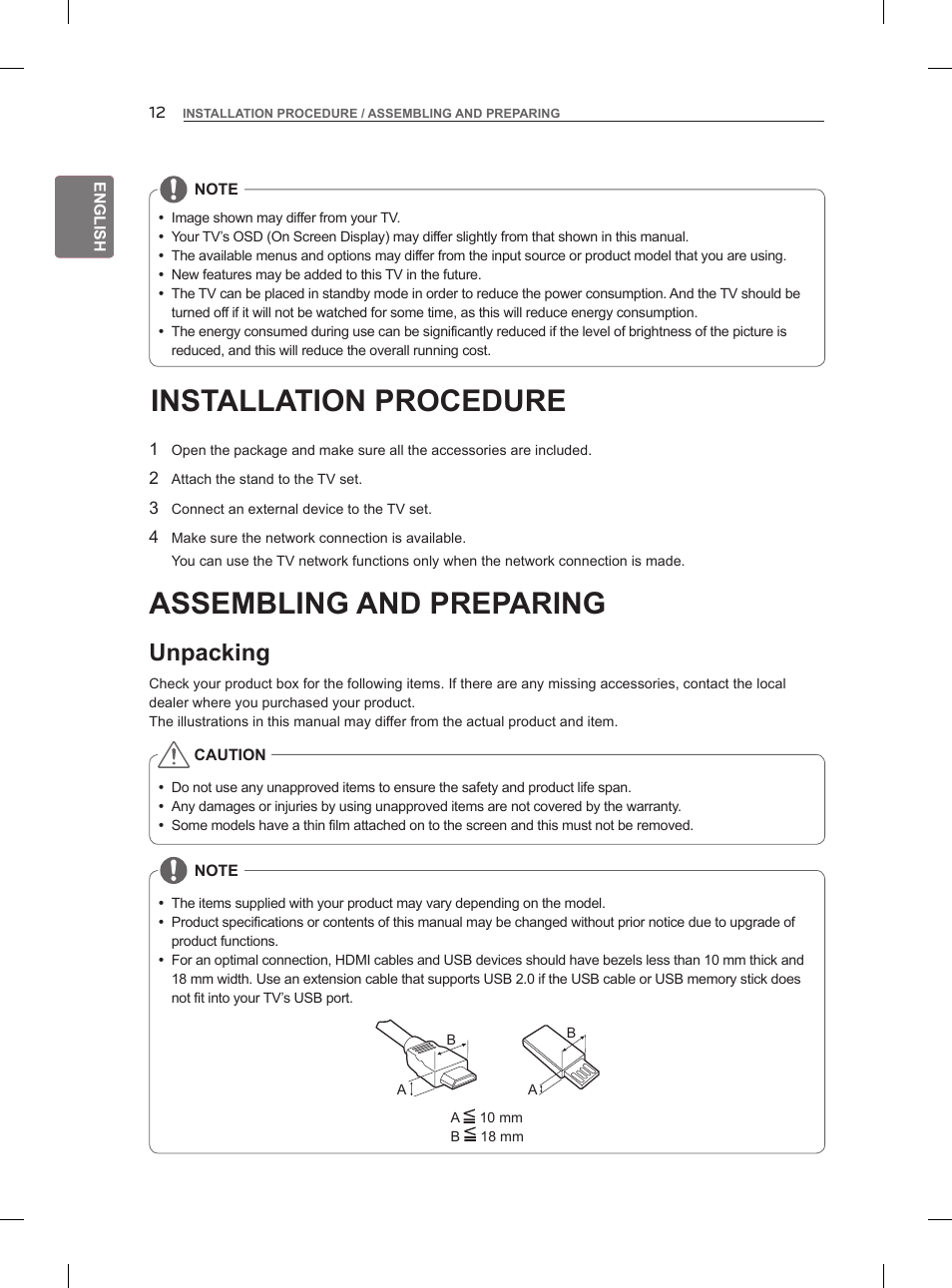 Installation procedure, Assembling and preparing, Unpacking | LG 47LM860V User Manual | Page 22 / 313