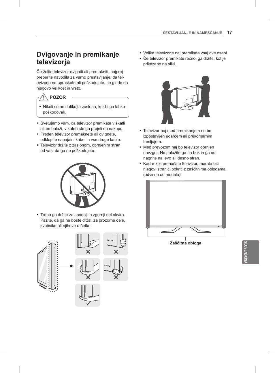 Dvigovanje in premikanje televizorja | LG 47LM860V User Manual | Page 257 / 313