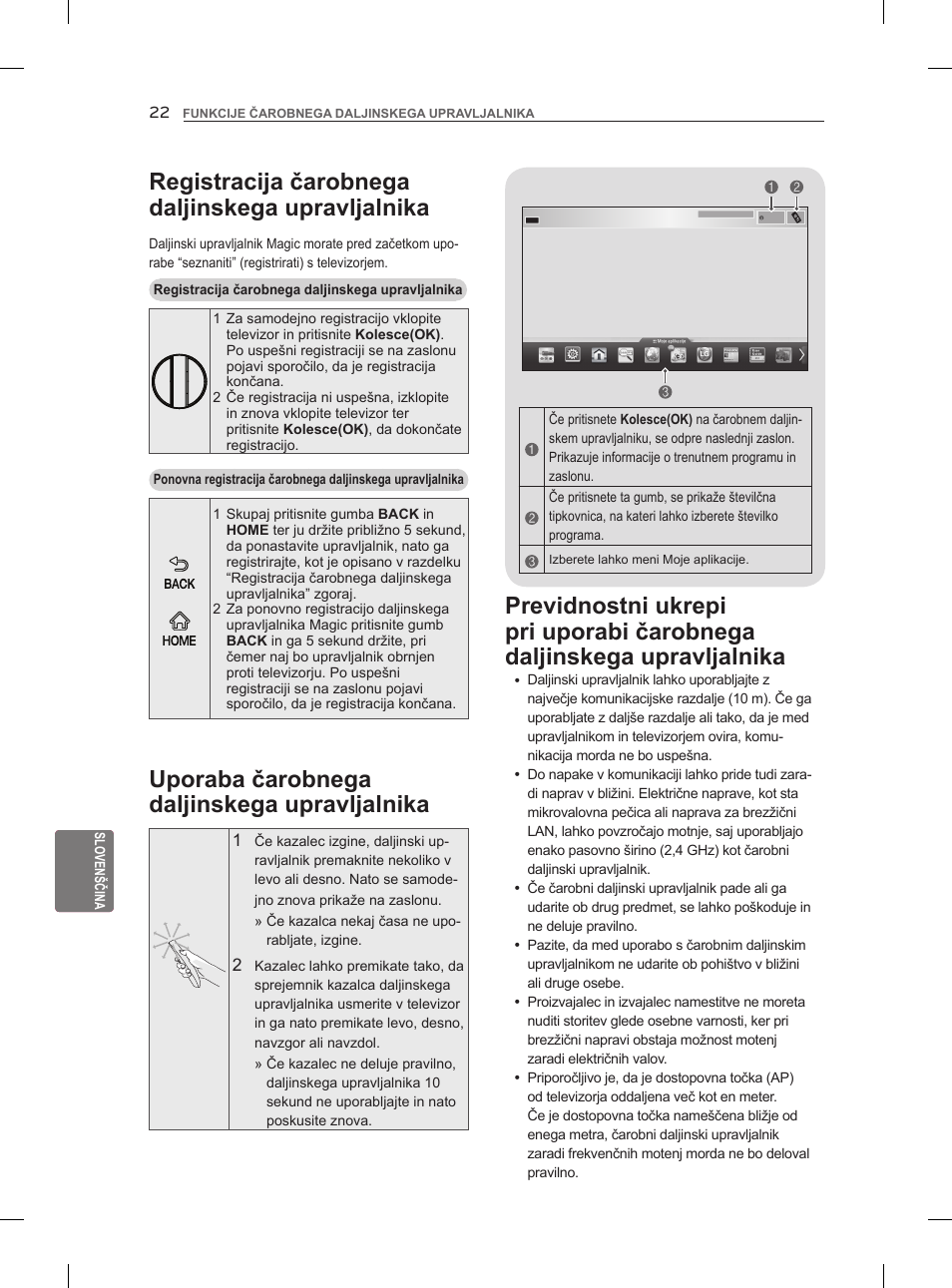 Registracija čarobnega daljinskega upravljalnika, Uporaba čarobnega daljinskega upravljalnika | LG 47LM860V User Manual | Page 262 / 313