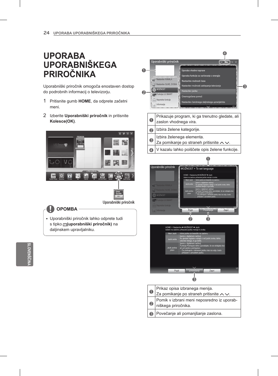Uporaba uporabniškega priročnika, Opomba, Slovenščina | Pritisnite gumb home , da odprete začetni meni, Uporabniški priročnik | LG 47LM860V User Manual | Page 264 / 313