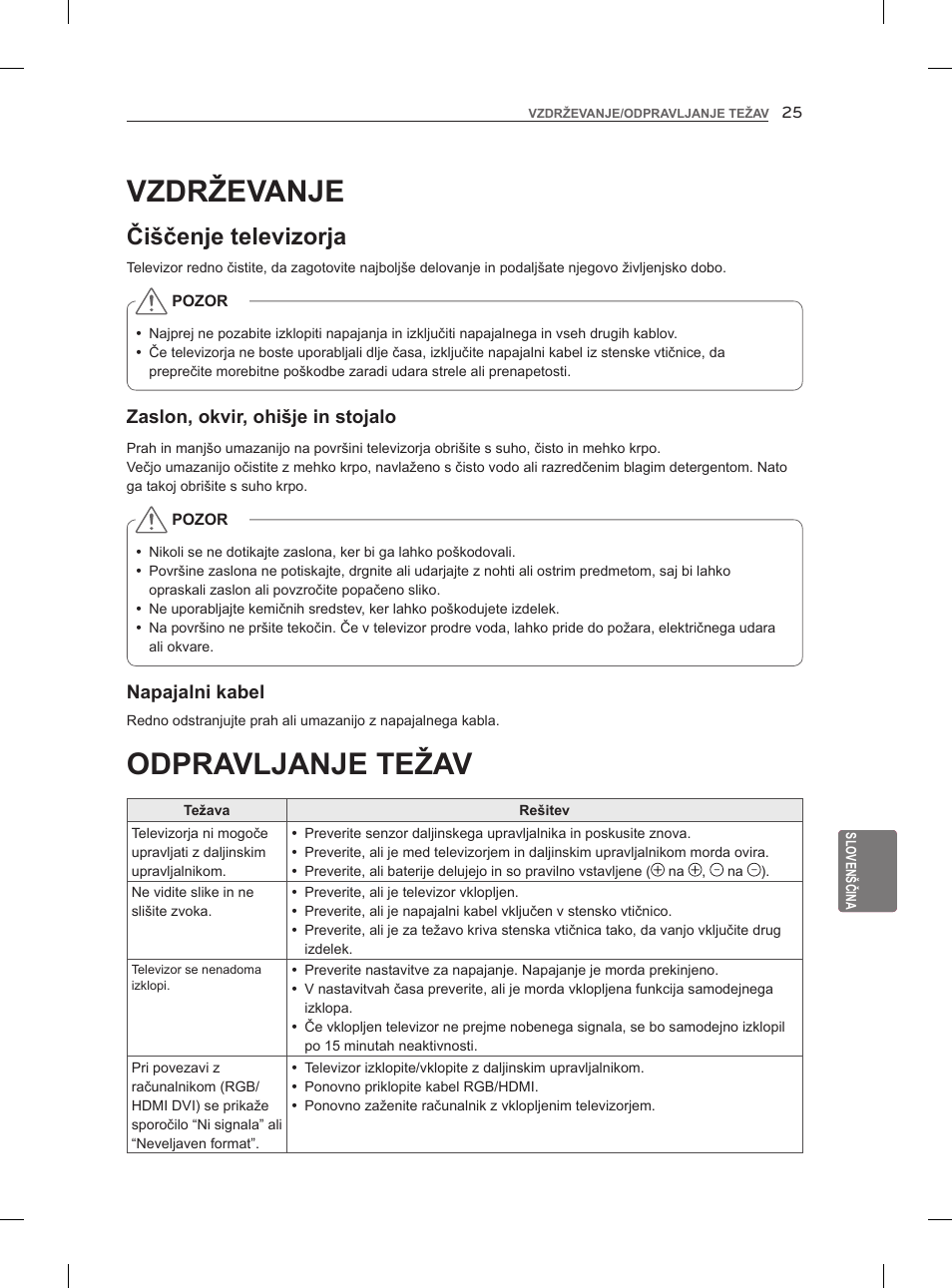 Odpravljanje težav, Vzdrževanje, Čiščenje televizorja | LG 47LM860V User Manual | Page 265 / 313