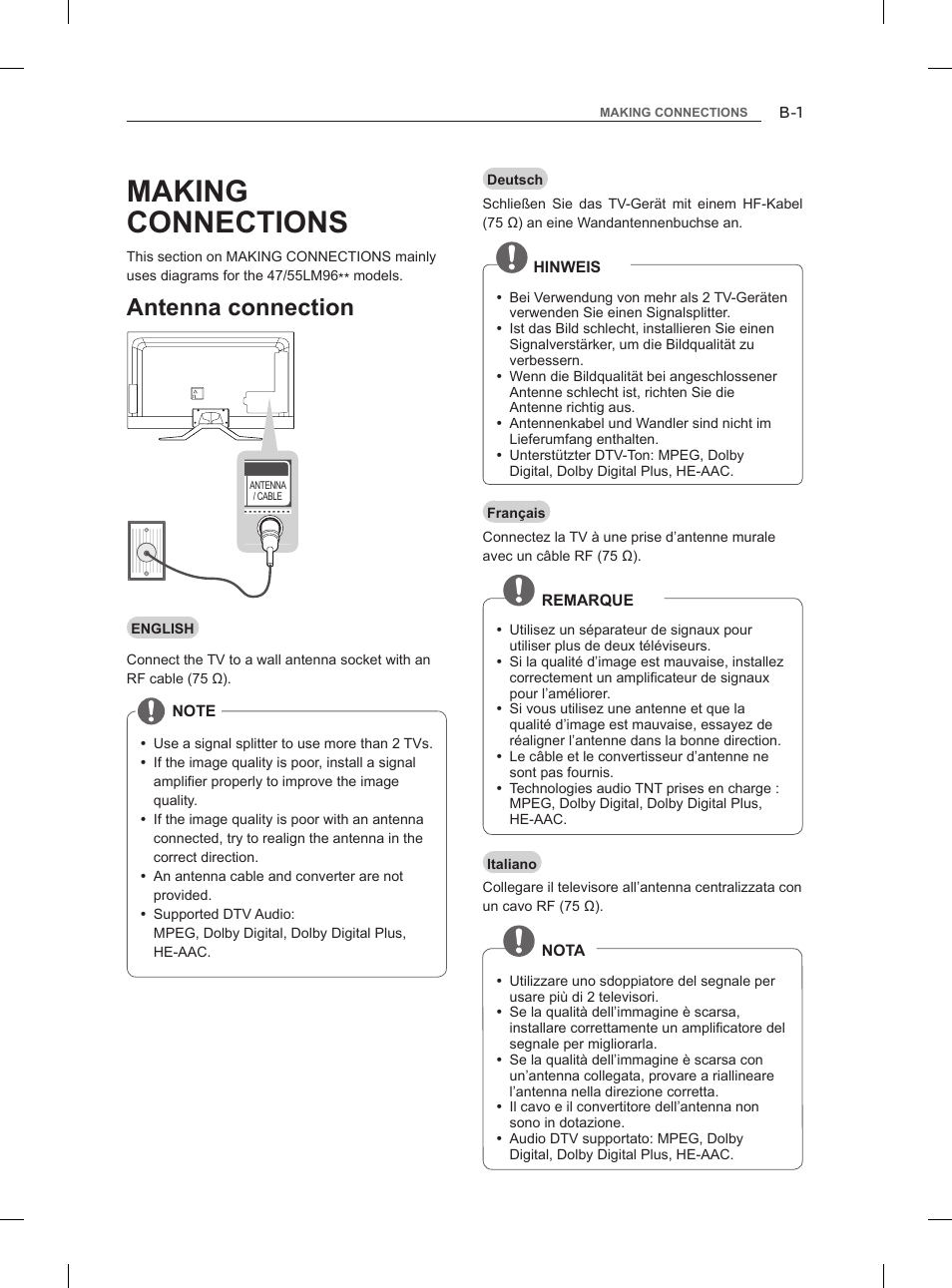 Making connections, Antenna connection | LG 47LM860V User Manual | Page 269 / 313