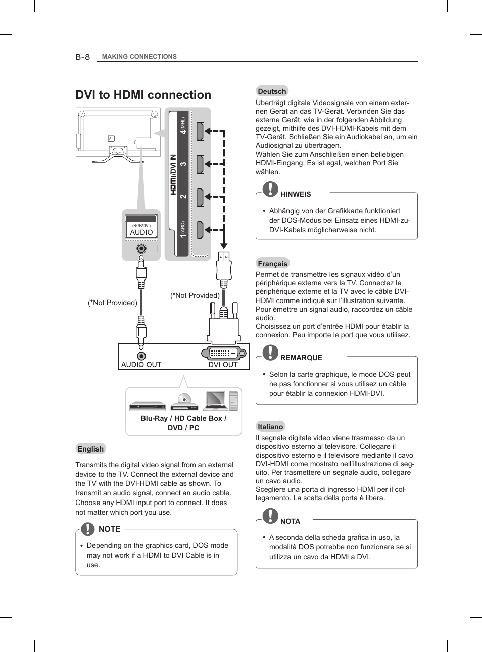 Dvi to hdmi connection | LG 47LM860V User Manual | Page 276 / 313