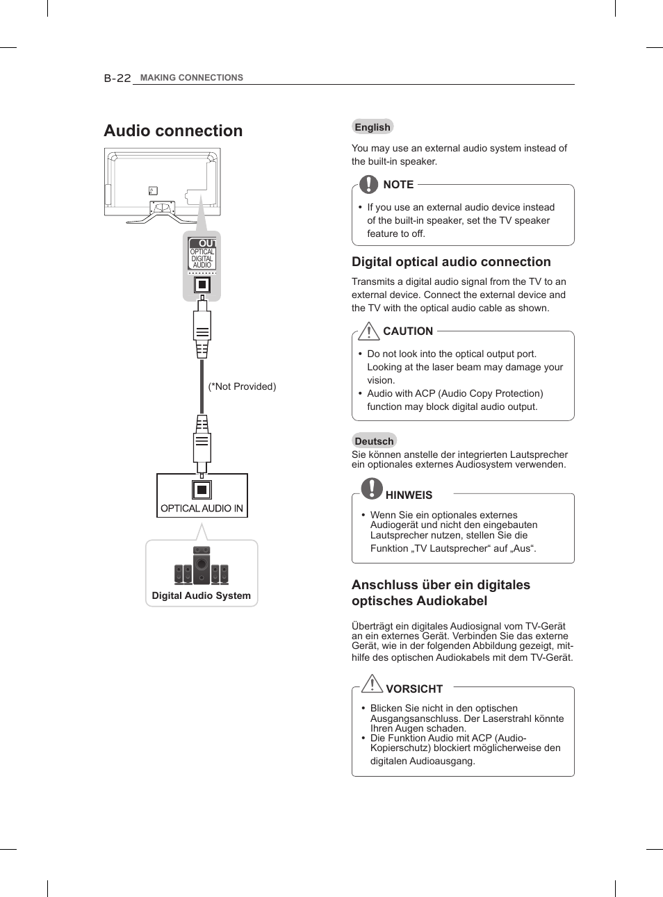 Audio connection, Digital optical audio connection, Anschluss über ein digitales optisches audiokabel | LG 47LM860V User Manual | Page 290 / 313